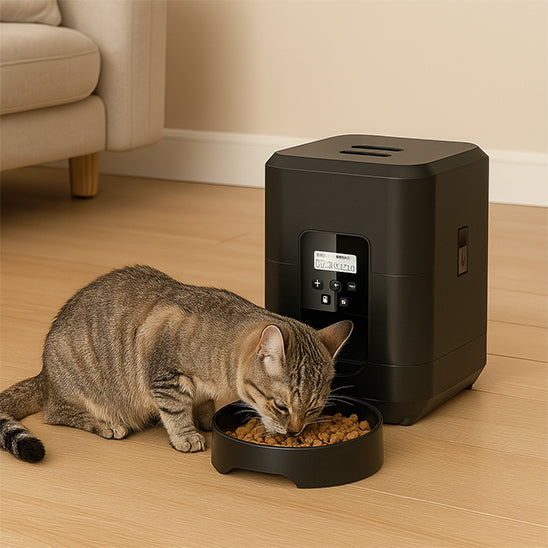 distributeur de croquettes pour chat noir mange