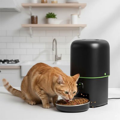 distributeur automatique croquettes chat roux mange