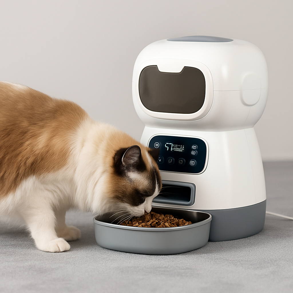distributeur-croquette-chat-automatique-beige-mange