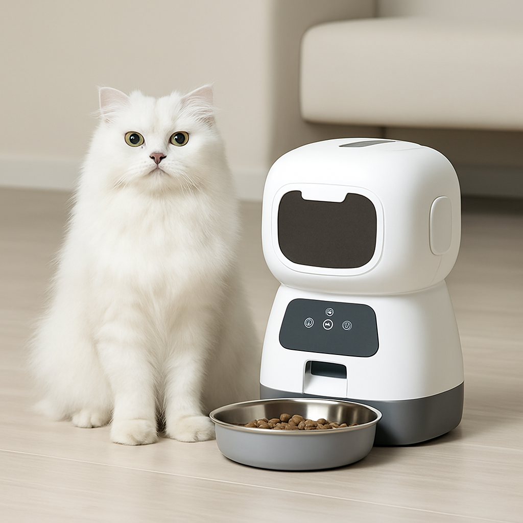 distributeur croquette chat automatique chat blanc