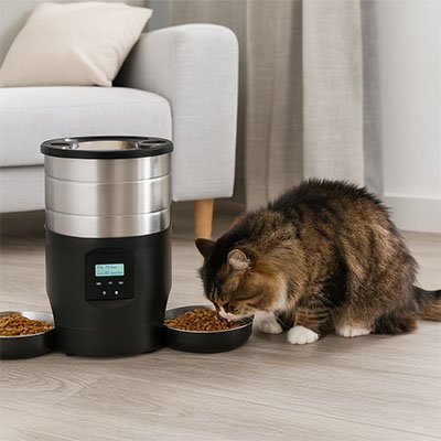 distributeur de croquettes pour chat multicolore