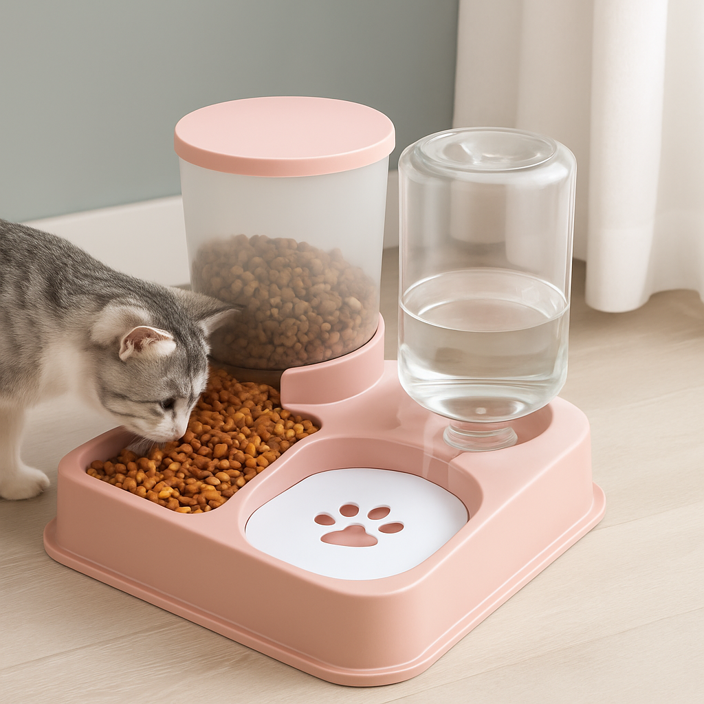 distributeur de croquettes pour chat rose